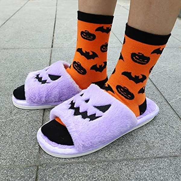 Spooky Slides Halloween-Tøfler Jack O Lantern Græskar Blød Plys Hyggelig Åben Tå Indendørs Udendørs Fuzzy Tøfler Gave Til