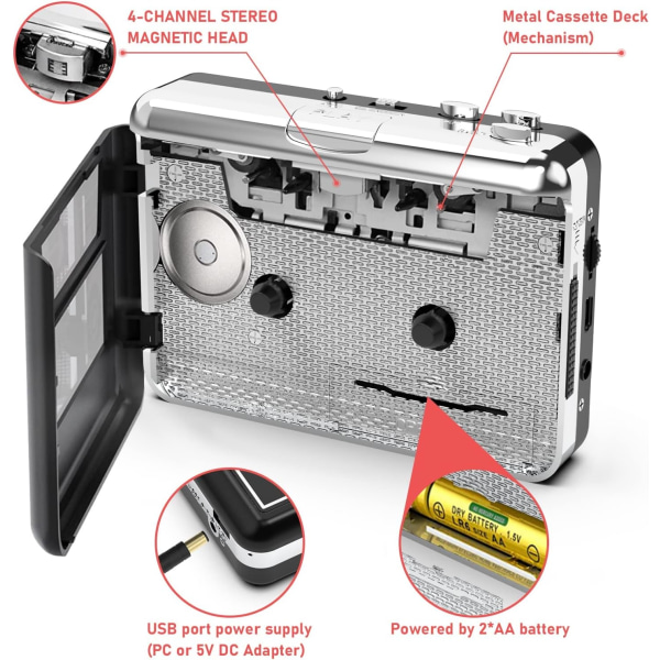 Kannettava USB stereokasettisoitin - Muunna kasetit MP3-muotoon