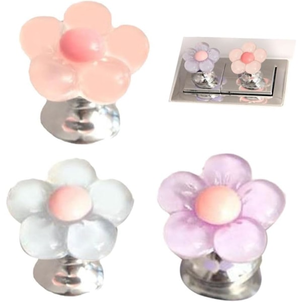 3 st Flerfärgade Söta Toalettknappar i Blomform, Toalett Trycktanksknappar, Toalettryck i Blomform, Toalettspolknapp Tryckverktyg, Handtagshjälp