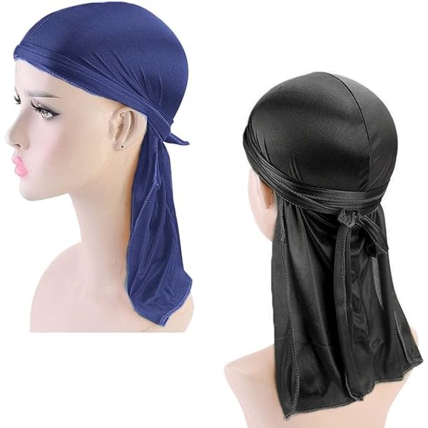 2 STK Sort Blå Silkeagtig Durag Unisex Beanie Hat Durag til mænd Kvinder