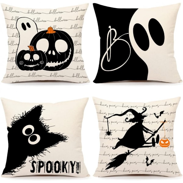 4 stk. 45*45cm Halloween græskar heks landejendom kat boo spøgelse udendørs sorte efterårspuder dekorative