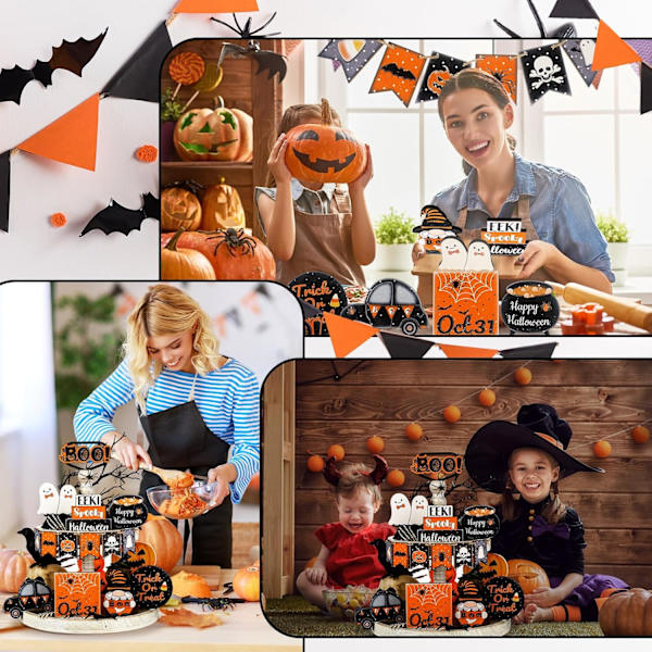 15 stk Halloween-dekor til lagdelt brett - Søte Halloween-skilt i tre, svart og oransje, skilt til lagdelt brett, Happy Halloween-skilt i tre