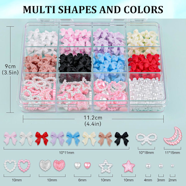 600 st 3D Nagelcharm och Platta Pärlor Set 1, 8 Färger Nagelrosetter Charm + Rosa & Vit Stjärna Hjärta Måne Söta Nageljuveler