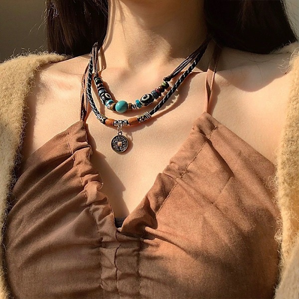 1 st  Antik Tribal Unisex Justerbart Halsband Choker Turkos Pärla (Svart & Brun)