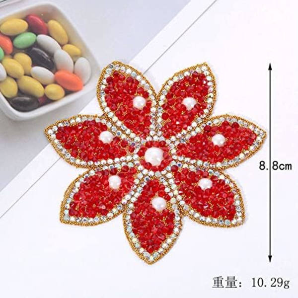 Pärlblomm Iron-on Patch med Sekvenser, Söt Röd Kristallpärlblomm Iron-on Patch, Bling Rhinestone Patch DIY Hantverkstillbehör för Kläder