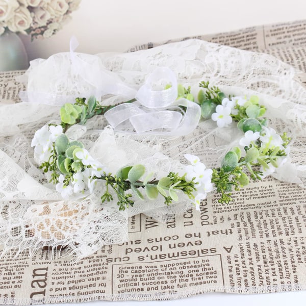 Blomsterkrone for hår, Boho kunstig bryllupsblomsterkrone for jente kvinner, hvit blomster C