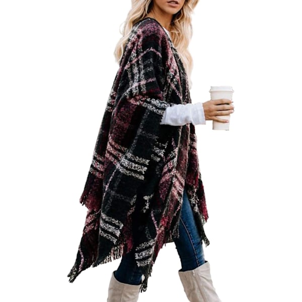 Dame Boho Åpen Front Poncho Strikket Rutete Sjal Wrap Cape Tassel Cardigan Genser