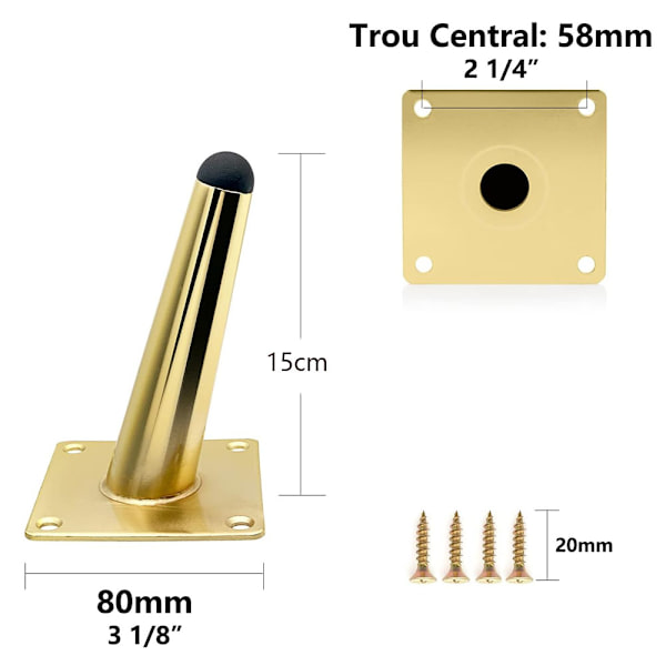 Set med 4 15 cm möbelben i guld, lutande, hållbara metallbordben, bordsben, soffben för utbyte