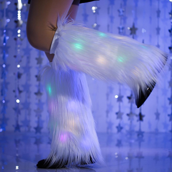 Vita Fuskpälsbensvärmare Lyser Upp Rave LED Benskydd 80-tal Vinter Pälslik Lång Stövlskydd Sexig Rolig Dans Strumpbyxor för Kvinnor