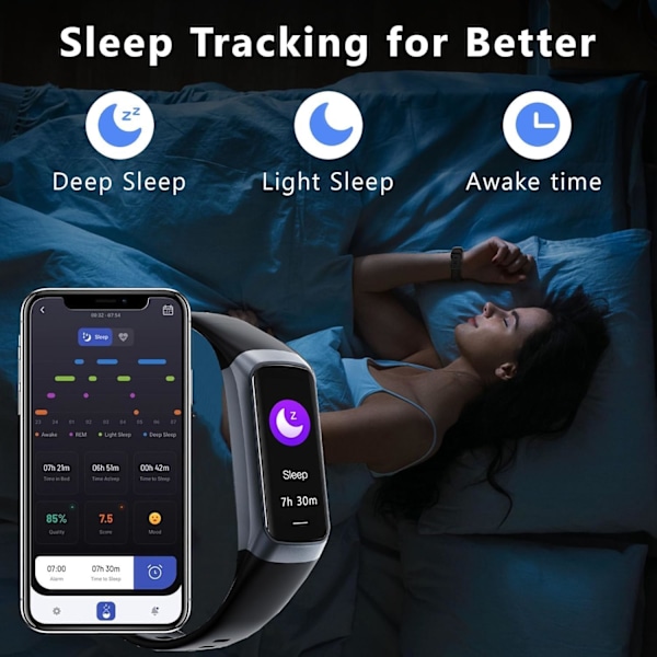 Fitness Tracker med 24/7 Hjärtfrekvens, Sömn- och Blodsoxygenövervakning, IP68 Vattentät Smartklocka, 1.10'' Färgpekskärm
