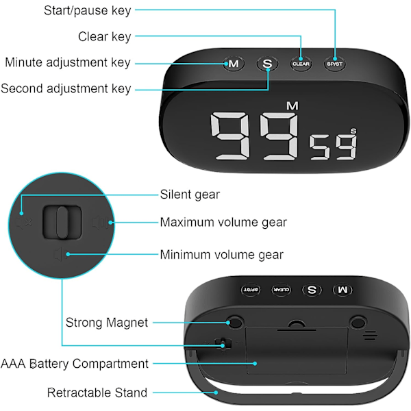 (Sort) Magnetisk køkkentimer med stort LCD-display, digitalt Ki