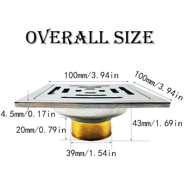 1 stk. firkantet bruseafløb, lugtfri gulvafløb, gulvafløb i rustfrit stål med si, til badeværelse, have (100 mm x 100 mm)