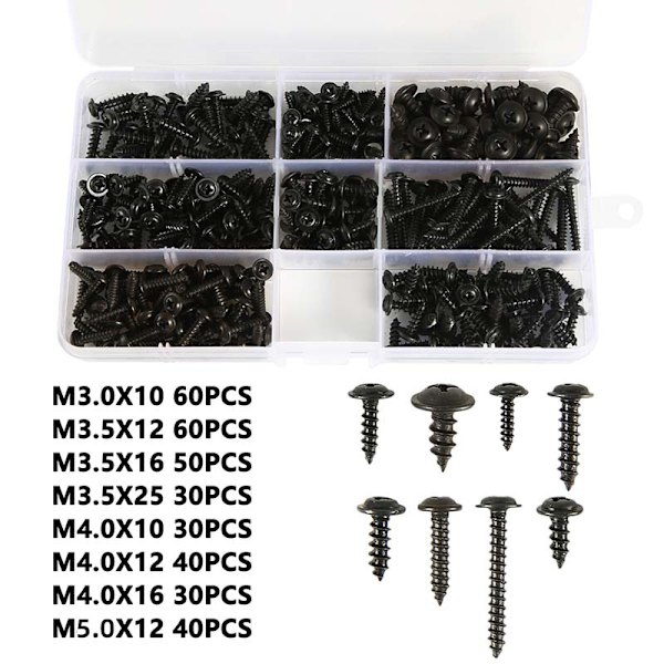 340 stk. selvskærende skruer assorteret M3 M3.5 M4 M4.8 sort