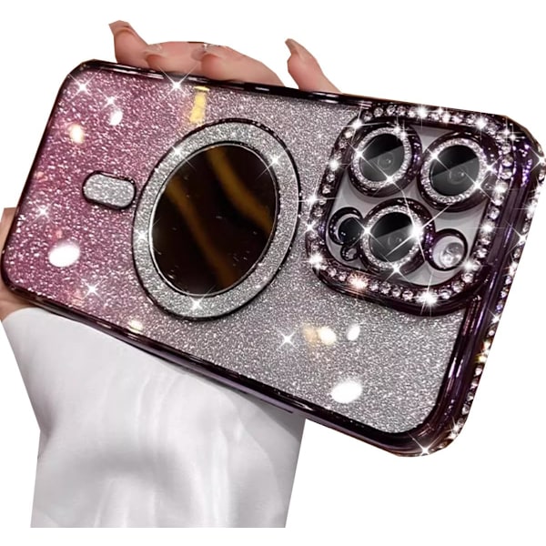 Sød luksuriøs bling glitrende diamant med kamera beskytter makeup spejl kvinder piger telefon etui til iPhone 15 Pro Max, lilla