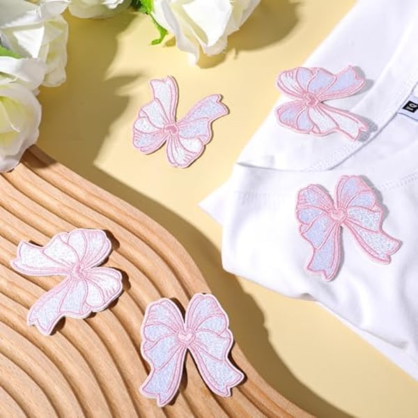 6 stk. Pink Iron-on Patches til Tøj, Søde Buestikker Broderi Rygsæks Patches Dekorationer til Kvinder Piger