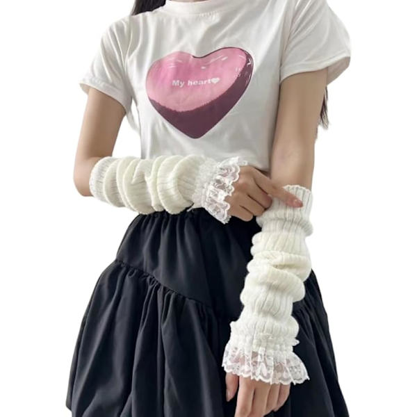 1 par strikkede armvarmere i blonde for kvinner og tenåringer, japansk Harajuke Cosplay Lolita søte strikkede fingerløse hansker votter