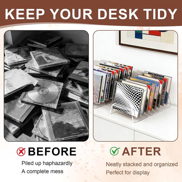 CD-stativ, klart akryl CD-displaystativ med 8 rum, desktop CD-holder til organisering af CD'er, DVD'er og spilcovers, sæt med 2