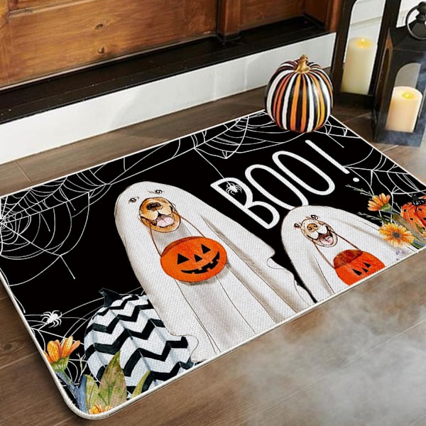 Halloween Boo Hundedørmatte Indendørs Udendørs Tæppe, Spøgelseshunde Edderkoppespind Græskar Foran Dør Velkomstmatte Anti-Skridsikker Gummi Bagside