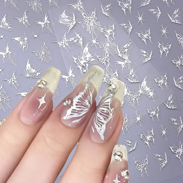 Fjärilsnageldekaler för nagelkonst Guld Vit Rosa Svart Silver Laser Fjärilsdekal Design Nageldekaler 3D Självhäftande Fjärilsnaglar Charm Su