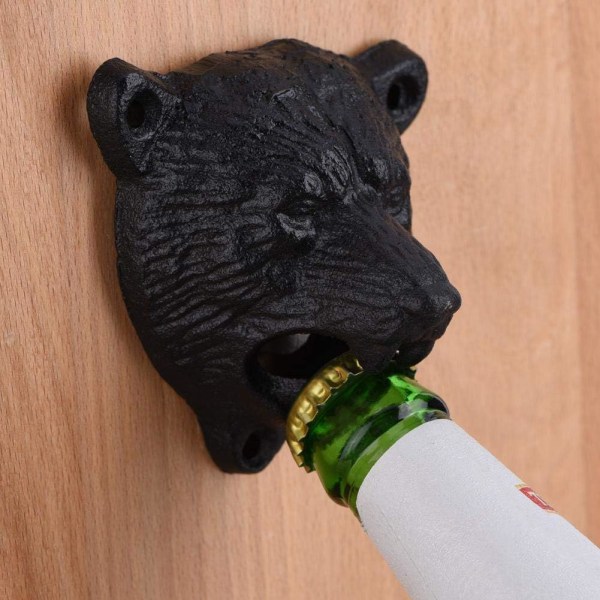 Vægmonteret flaskeåbner i form af et bjørnehoved i