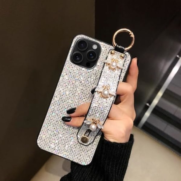 Kompatibel med iPhone 16 Pro Max Bling Stativholder Deksel Luksus Håndstropp Glitter Gnister Diamant Bie Håndleddsbrakett fo