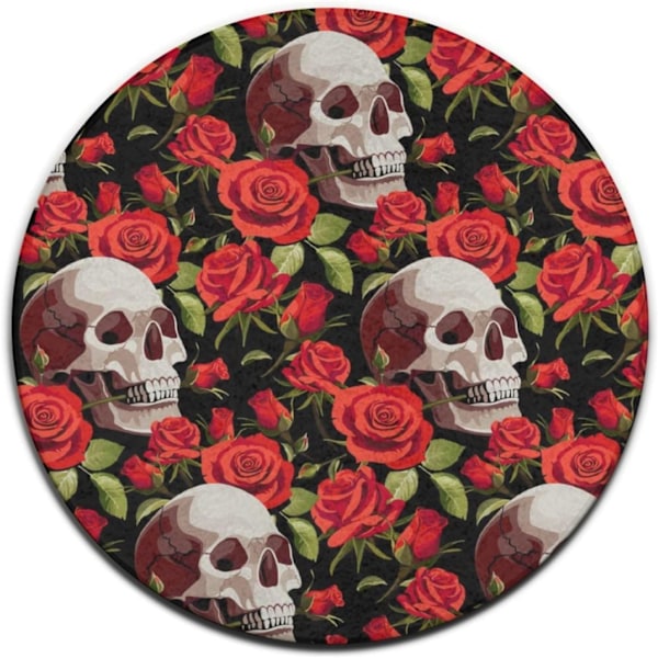 (Halloween Skulls Red Rose)Non-Slip Floor Mat Round Area Rug Carpet for Bedroom Living Room Study Playing Carpet