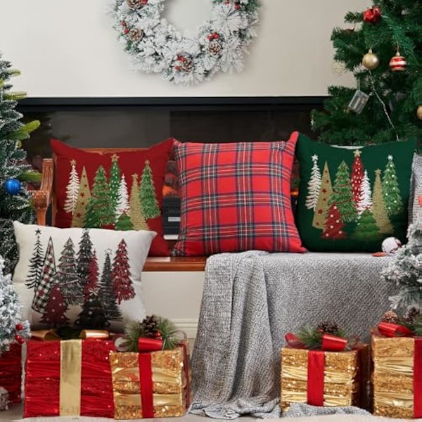 45x45cm Sett med 2 Juleputetrekk - Juletre Dekorativ Grønn Pyntepute - Vinter Juledekorasjon til Hjemmet