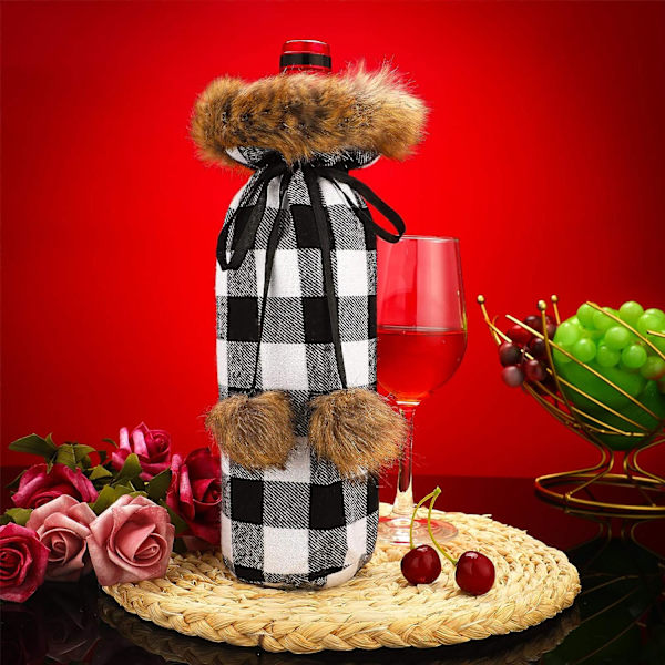 8 stk. julevinflaskeovertræk Buffalo Plaid vingaveposer juleimiterede pels sweater vin B