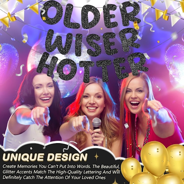 Set med 3 Förtrådade Äldre Visare Hetare Glitter Banner Rolig Födelsedagsbanner för Kvinnor 30:e 40:e 50:e 60:e 70:e 80:e Födelsedagsfest Dekorationer Skylt Gi