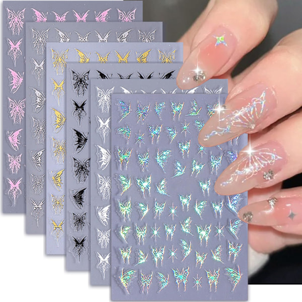 Fjärilsnageldekaler för nagelkonst Guld Vit Rosa Svart Silver Laser Fjärilsdekal Design Nageldekaler 3D Självhäftande Fjärilsnaglar Charm Su