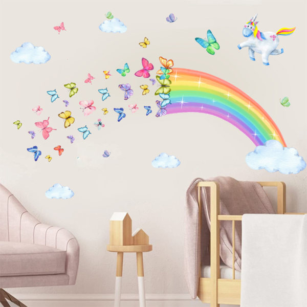 Stickers Muraux Arc en Ciel Licorne Autocollant Mural Papillons