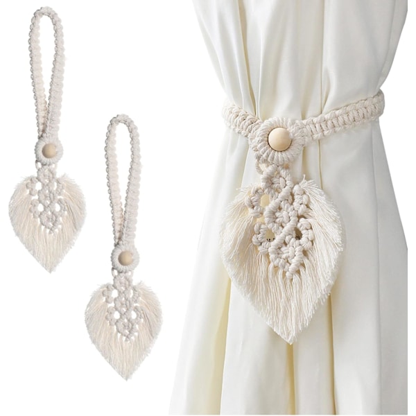 (Beige) Sæt med 2 boheme macrame bomuldsgardinbindere, fjederclips, dekoration