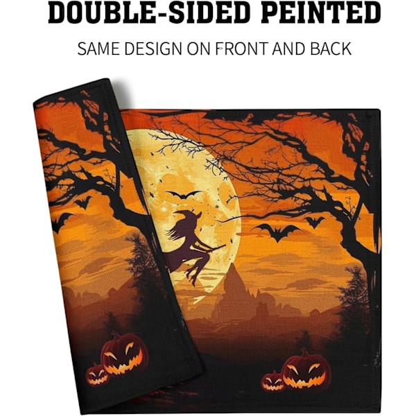 Halloween-noita pellava-alustat, 4 kpl, 12x18 tuumaa, lepakko-linna-kurpitsa pöytäalusta, lämmönkestävä, pestävä, pyyhittävä