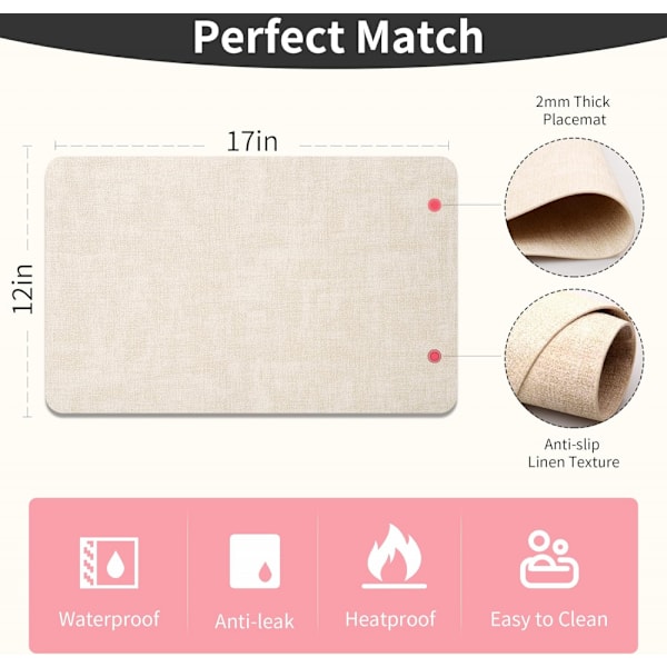 6 st 12 x 17 tum Faux Läder Placemats, Vattentät, Värmebeständig, Anti Slip Matbord Beige