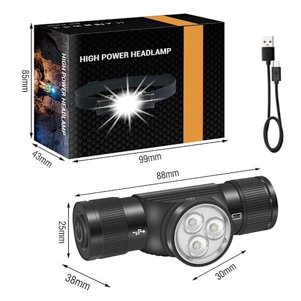 Hodelykt, 1500 lumen oppladbar LED-hodelykt, IP66 vanntett