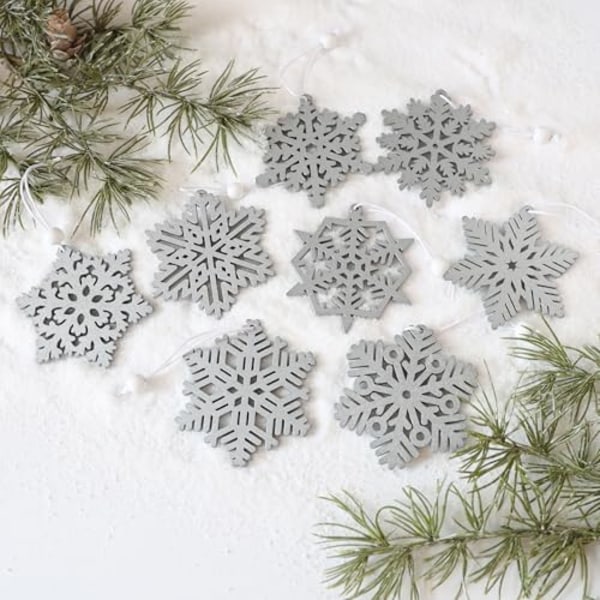 Silver Snöflinga Julgranspynt 3 tum Trä Snöflingor Pynt för Vinter Hem Girlang Julgran Dekoration