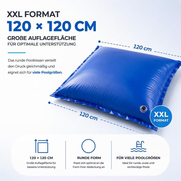 XXL Poolkudde 120x120 cm med rep, rund luftkudde, medium vinteröverdrag för vinter och dåligt väder, tillbehör för markis