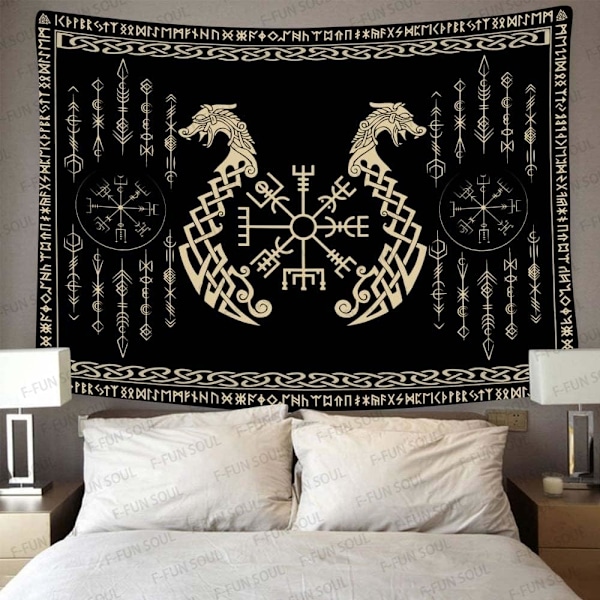 Nordiska Vikingar Gobeläng, Stor 152x102cm Mjuk Flanell, Vegvisir Symbol Tvillingdrakar Keltisk Runskrift Skandinavisk Estetik Mytologi Gobeläng Väggbonad