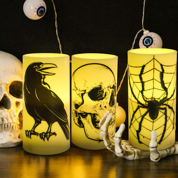 Halloween flammefri søylelys med 6H timer, batteridrevne ekte voks LED-lys med kråke, S