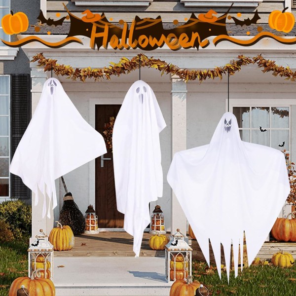 Sæt med 3 hvide hængende spøgelser, Halloween spøgelsesdekoration, 60 cm spøgelser hængende, Halloween hængende spøgelser