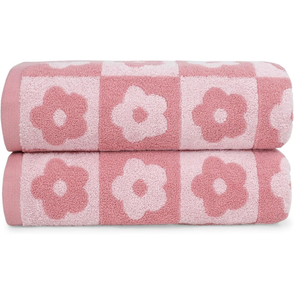 2-pack Lyxiga Badhanddukar, Rutiga Blommönster, Rosa Badhanddukar för Kvinnor och Flickor, 70*140cm, 100% Bomull, Absorberande