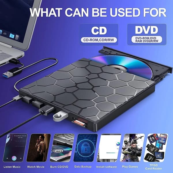 Eksternt CD/DVD RW-drev, USB 3.0-brænderafspiller, til bærbar pc, stationær computer, Mac