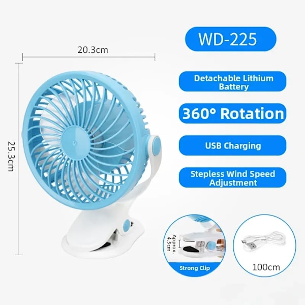 Bærbar ventilator, clip-on-model (blå)