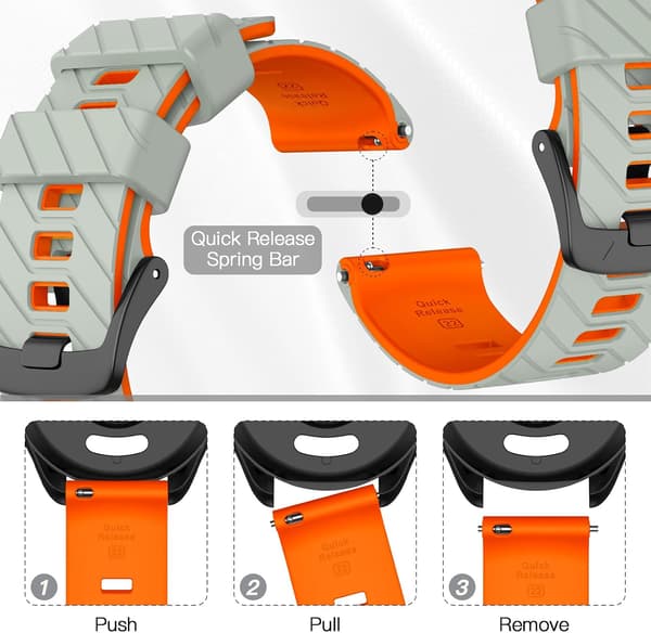 Urrem til Venu 3, Forerunner 265, Silikone Quick Release Erstatningsrem til Garmin Vivoactive 4, Forerunner 255 22mm Grey Orange