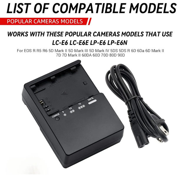 Oplader til Canon LP-E6 LP-E6N LP-E6NH LC-E6 LC-E6E batterikameraer strømforsyning