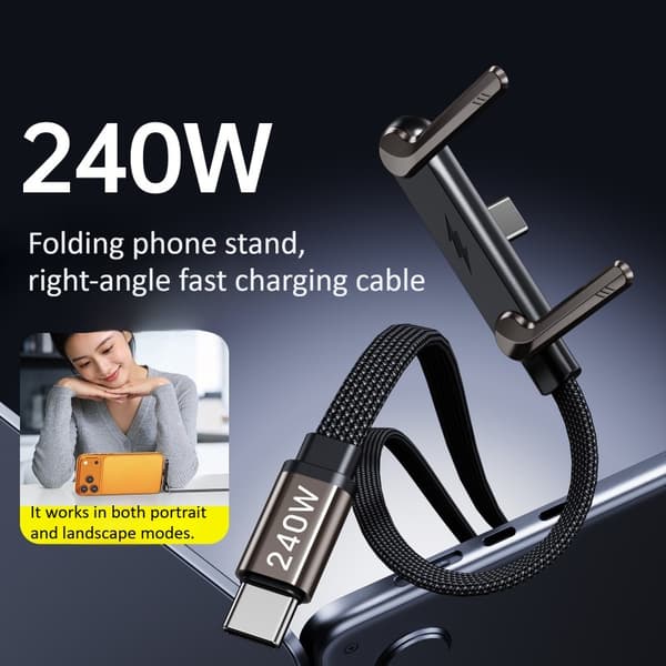 Ladekabel med stativ, Type-C til Type-C hurtigladekabel, 240W