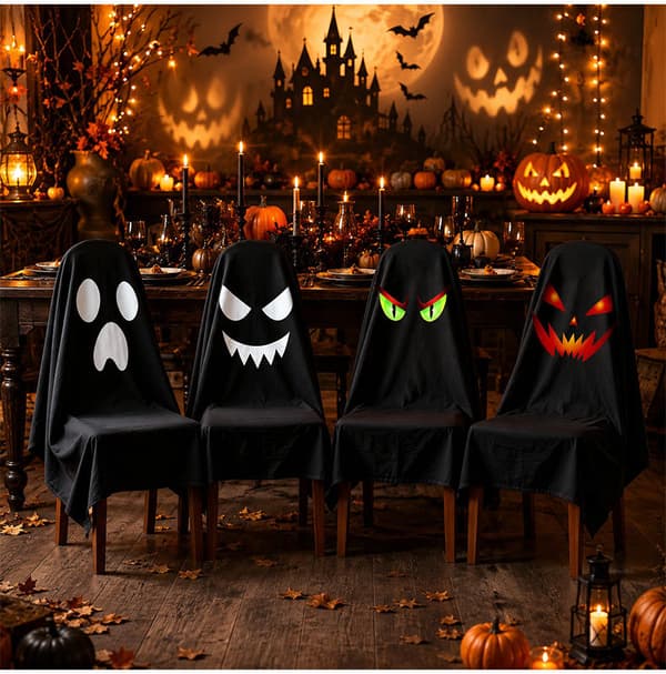 Halloween Spökstolsöverdrag, Svart, 120*200 CM, 4-pack 4 Patterns