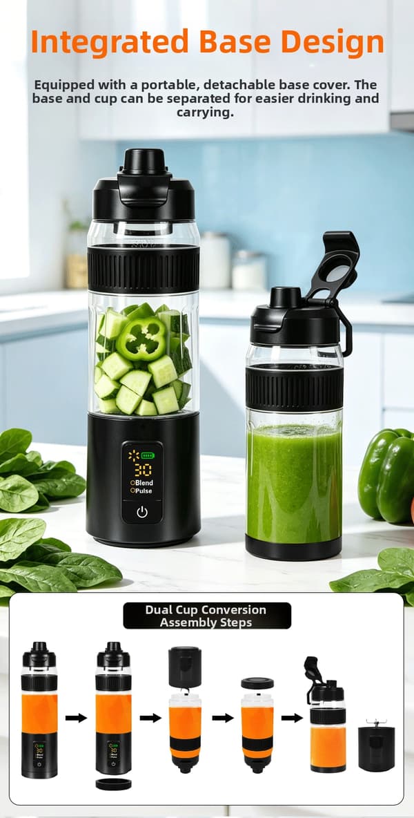 Bærbar blender, 2 tilstande, digitalt display, USB-opladning, 600 ml kapacitet. White