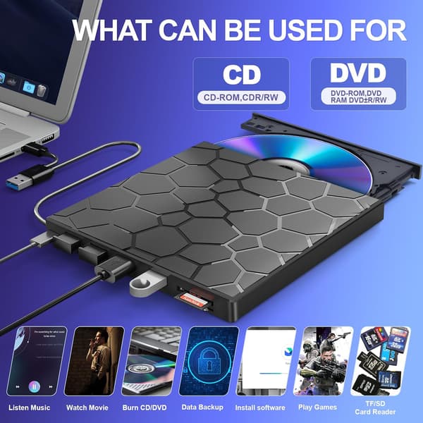 Eksternt CD/DVD-drev, 8 i 1 USB 3.0 Bærbar DVD-afspiller, Brænder Skriver, til Bærbar Desktop PC Mac Windows Linux OS