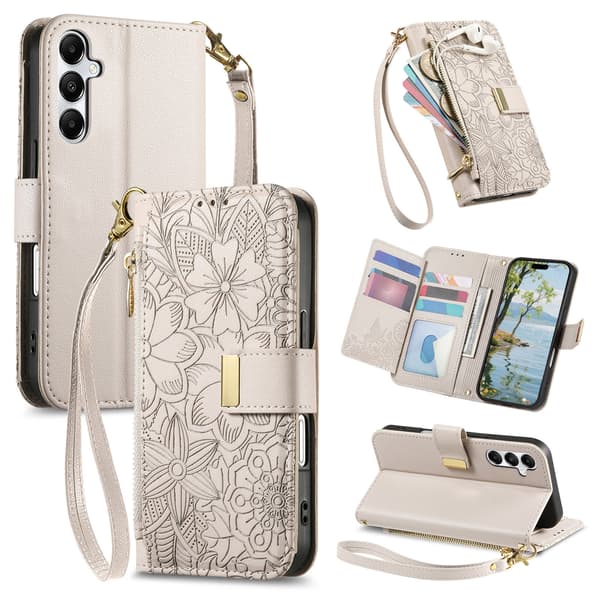 Sammenleggbart PU-flipdeksel til Samsung Galaxy S26 Plus, inkluderer håndleddsstropp. Beige